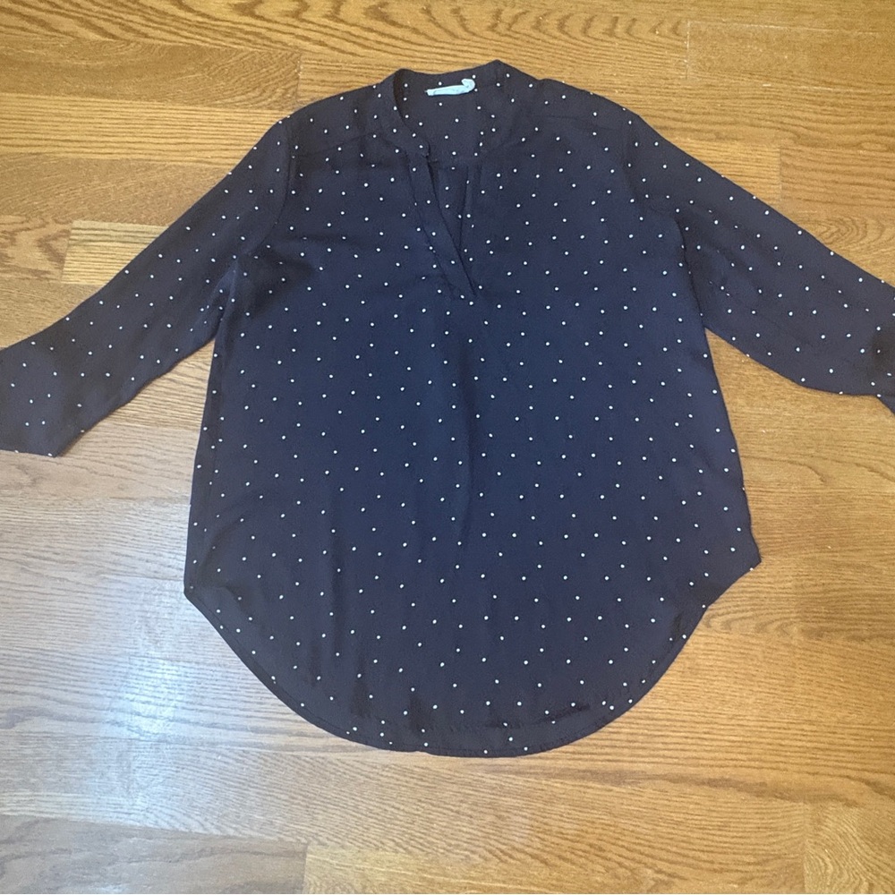 Lush Blue and White 3/4 Sleeve Blouse with Mandarin Collar